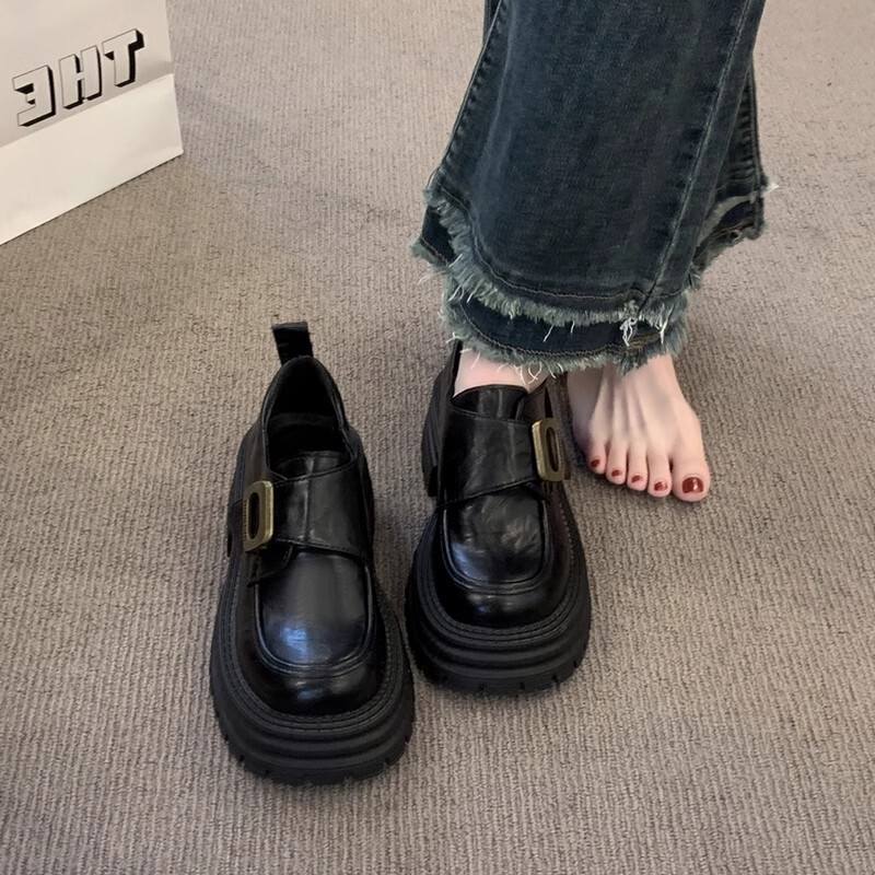 厚底粗跟英伦风小皮鞋女2025新款百搭增高女鞋单鞋黑色乐福鞋女款|undefined