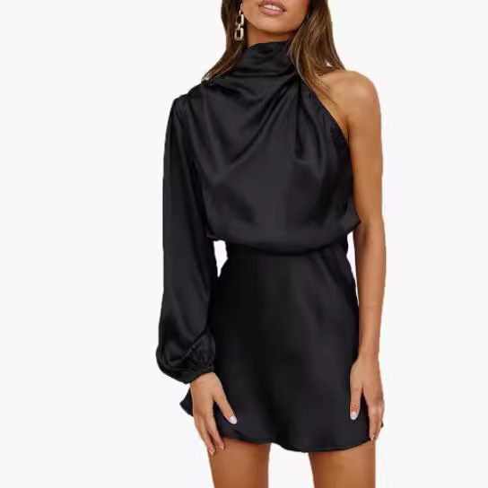 Cross-Border Spring Women's Satin One-Shoulder Long-Sleeved Mini Skirt Silk Long-Sleeved Round Neck Cocktail Short Skirt