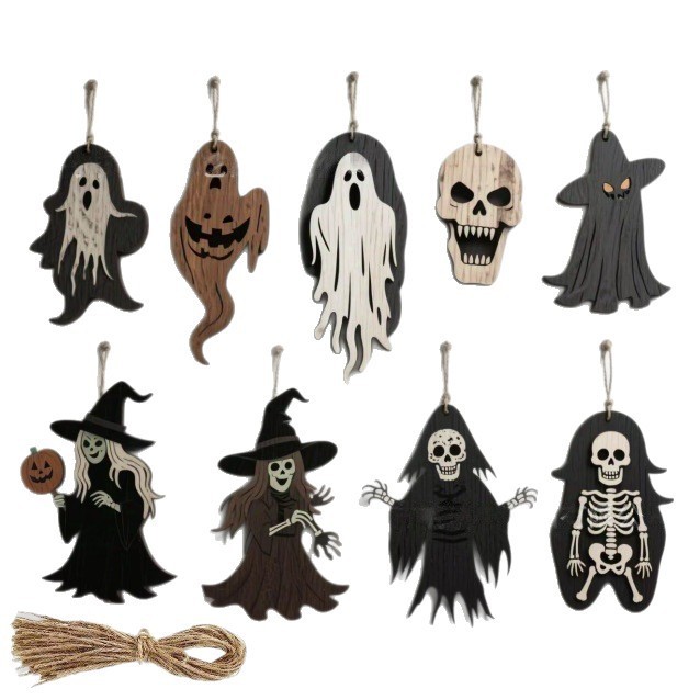 Halloween Ghost Ornaments万圣节木质幽灵蝙蝠蜘蛛节日装饰挂件|undefined