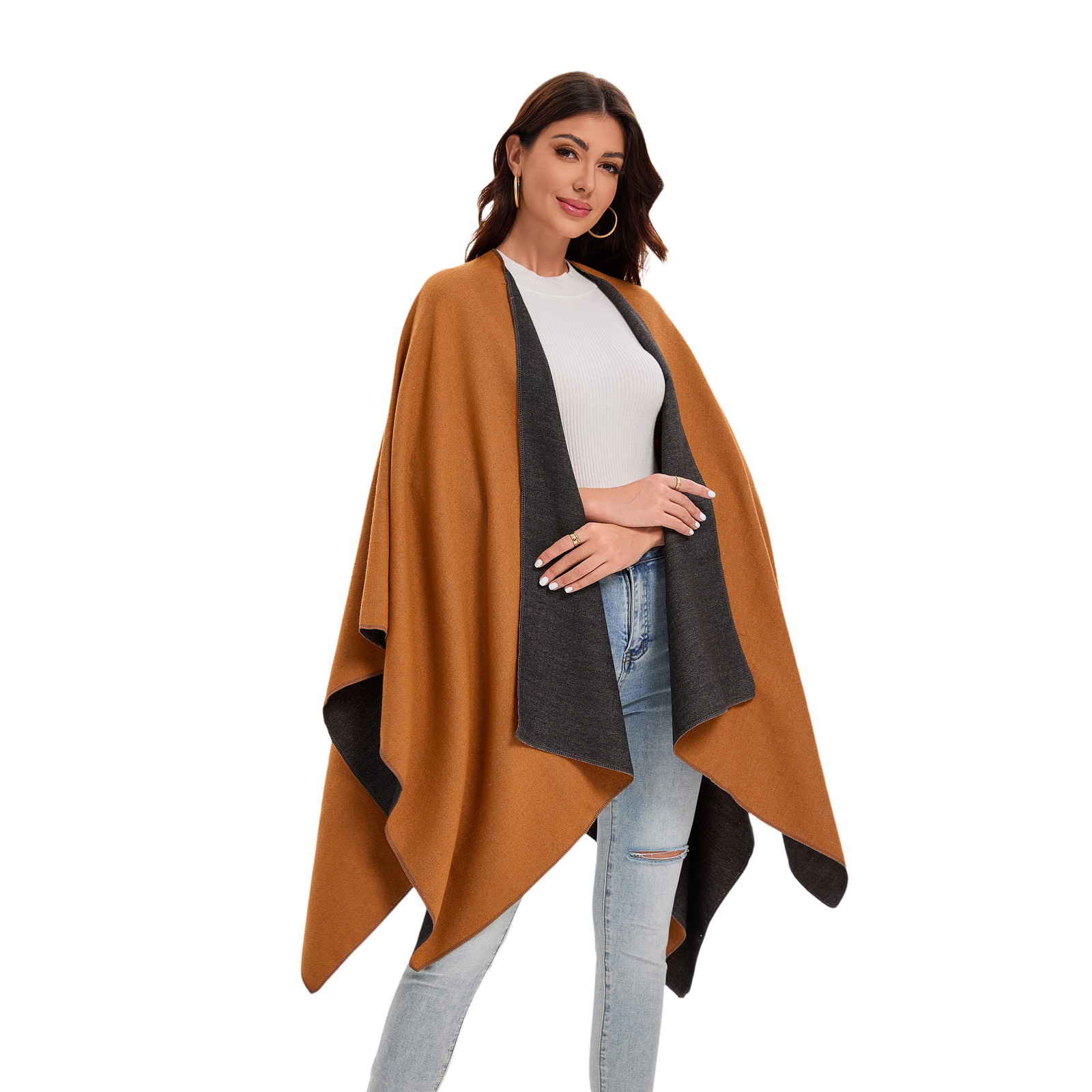 Otoño y invierno damas monocromático imitación de cachemira frente abertura capa capa capa doble cara se puede usar capa cálida Amazon venta caliente