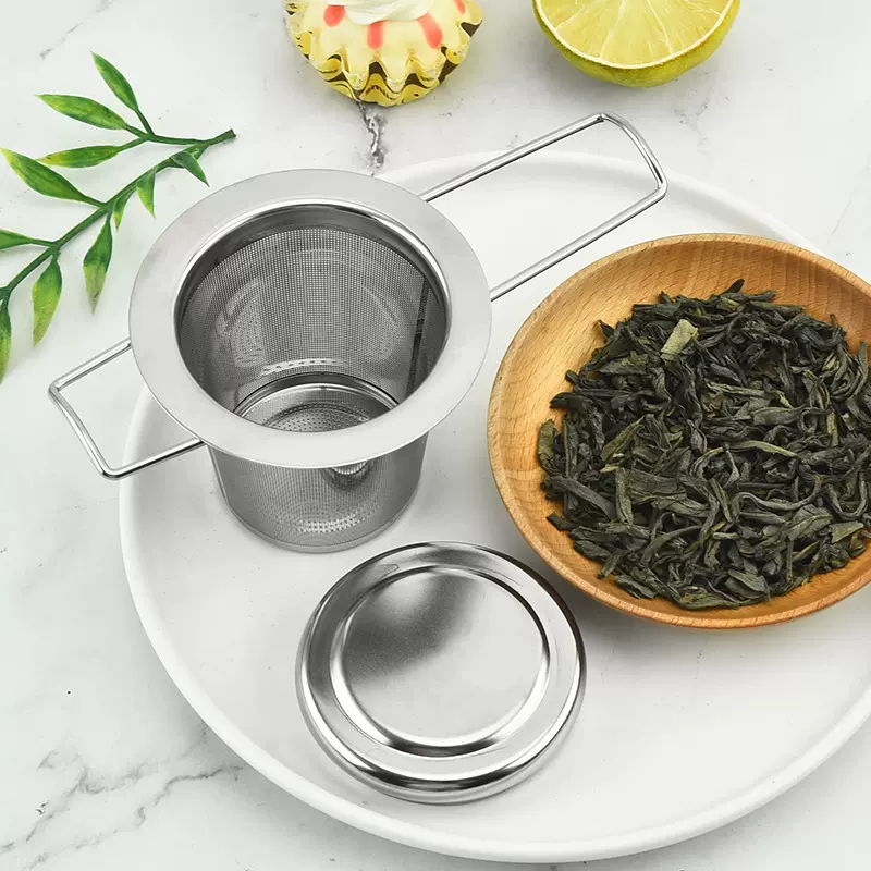 亚马逊304茶隔泡茶器不锈钢茶叶过滤器 茶具配件带盖可折叠茶漏