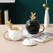 创意个性黑白菠萝马克杯带盖勺凤梨咖啡杯北欧办公室陶瓷喝水杯女