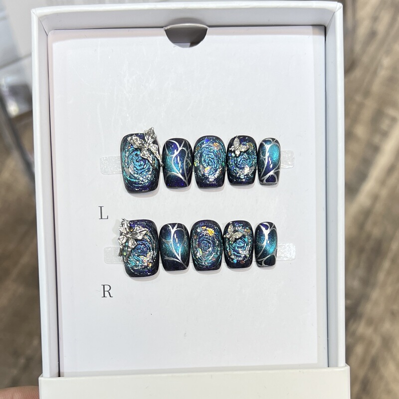[Galaxy Butterfly] Wearable Nails Pure Handmade Swirl Galaxy Purple Blue Cat Eye Hand-Painted Sexy Heavy-Duty Nail Art Patch