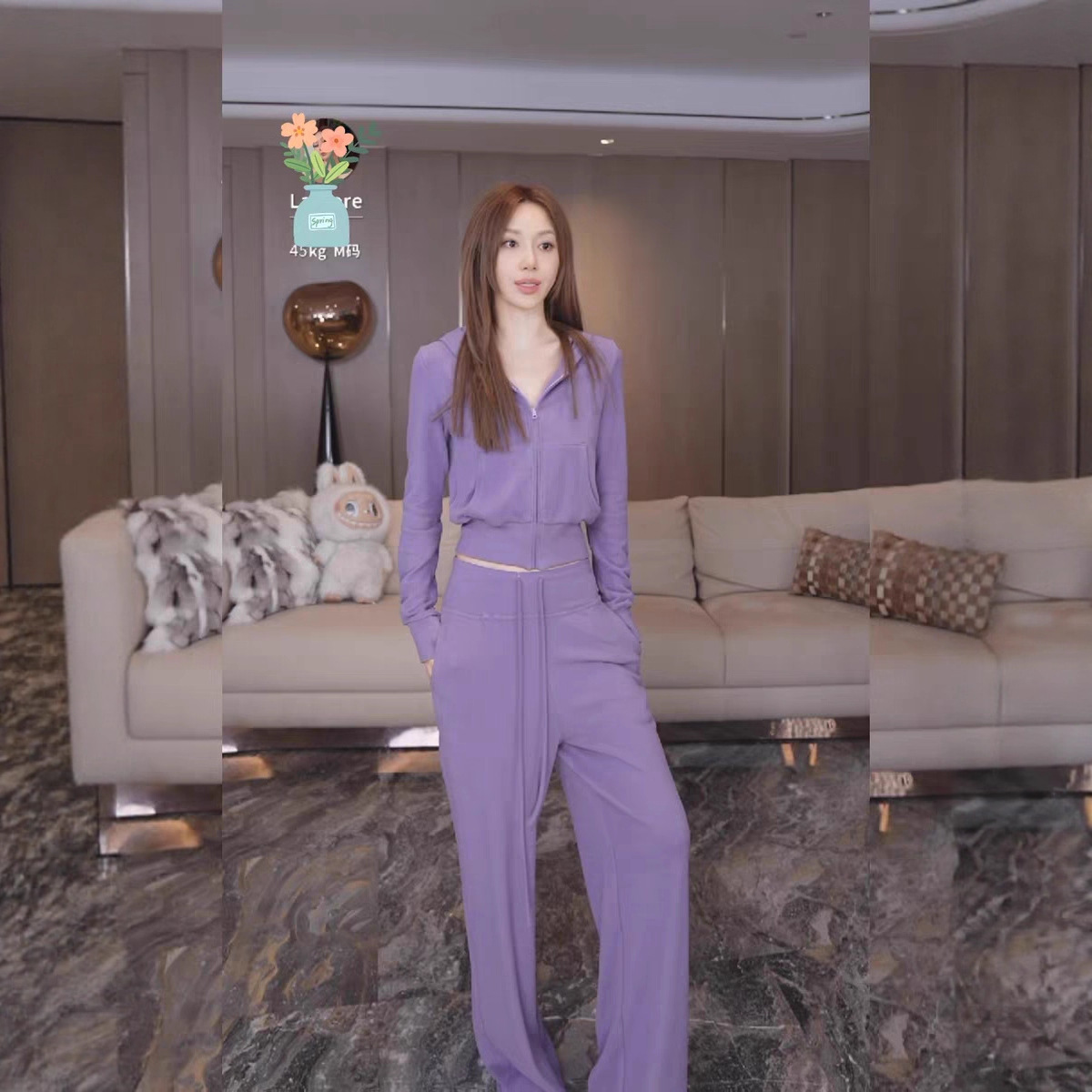 Tz7071 Casual Sports Suit Purple Hooded Waist Short Zipper Jacket + Straight Pants Two-Piece Set for Women