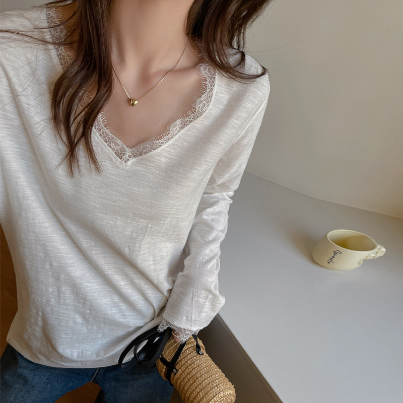 가을 겨울 여성용 신상 순면 긴팔 티셔츠, 브이넥 레이스 한국식 루즈한 레이지 스타일 밑단 셔츠 상의