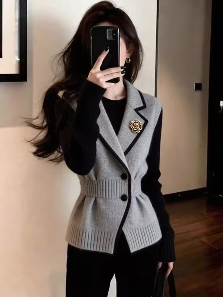 Áo gile len nữ phong cách Pháp dệt kim màu xám ôm eo — màu xám
