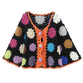 跨境欧美风2025新款时尚气质女装批发纯手工钩花毛衣针织开衫