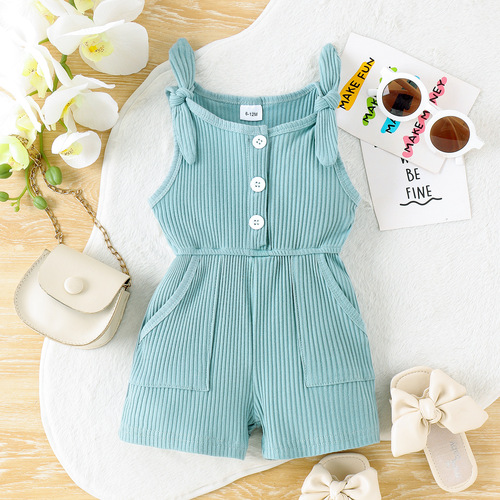 2024 Women's and Girls' Summer Strap Bodysuit with Bowknot, Manufacturer of Pure Color Casual Romper for Baby