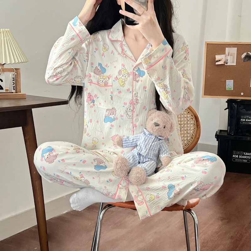 跨境直播睡衣女春秋云朵棉翻领开衫长袖长裤卡通甜美家居服女套装|undefined