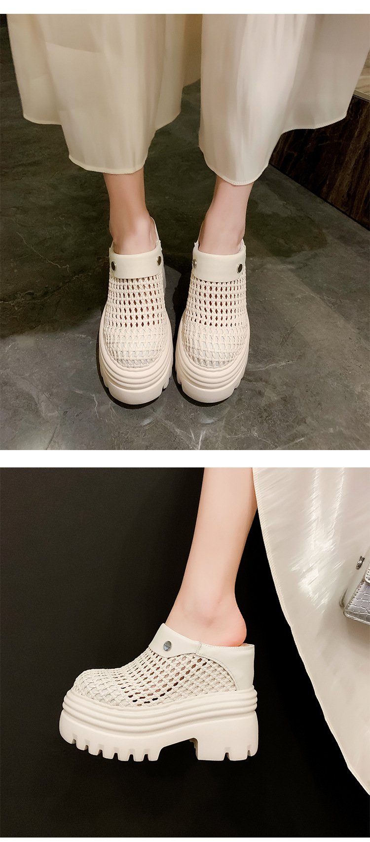 Dép lê đế xuồng cao gót siêu cao 15 cm, xăng đan bít mũi rỗng thoáng khí mùa hè, tăng chiều cao bên trong — Màu trắng be 15cm, Màu bạc 10cm, Màu trắng be 10cm, Màu bạc 12cm chi tiết 18