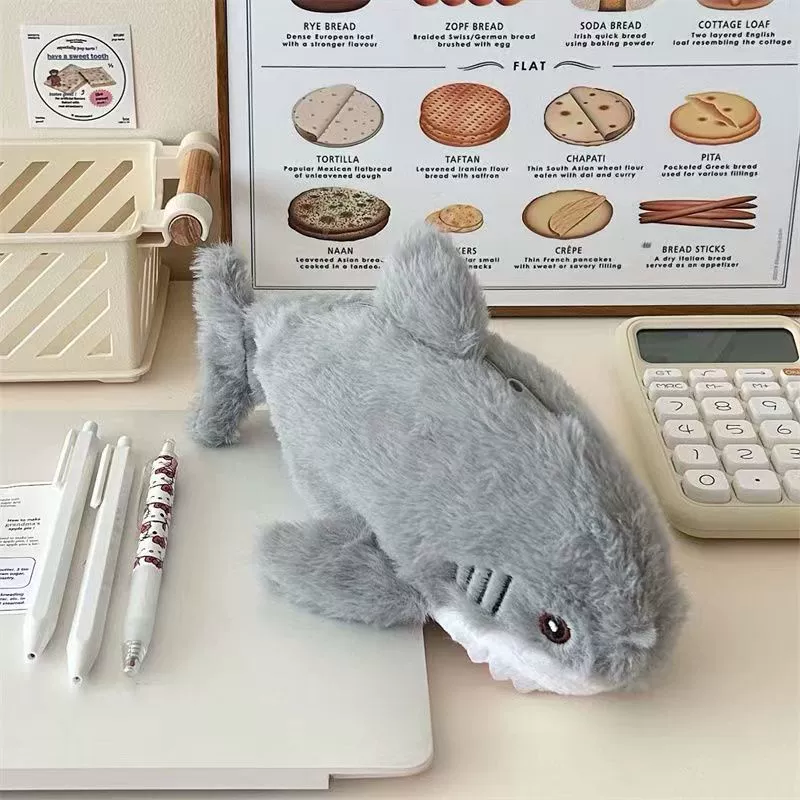 Handheld Plush Pencil Case, Marine Shark Cartoon, Capacious Storage for Elementary Students, Gift