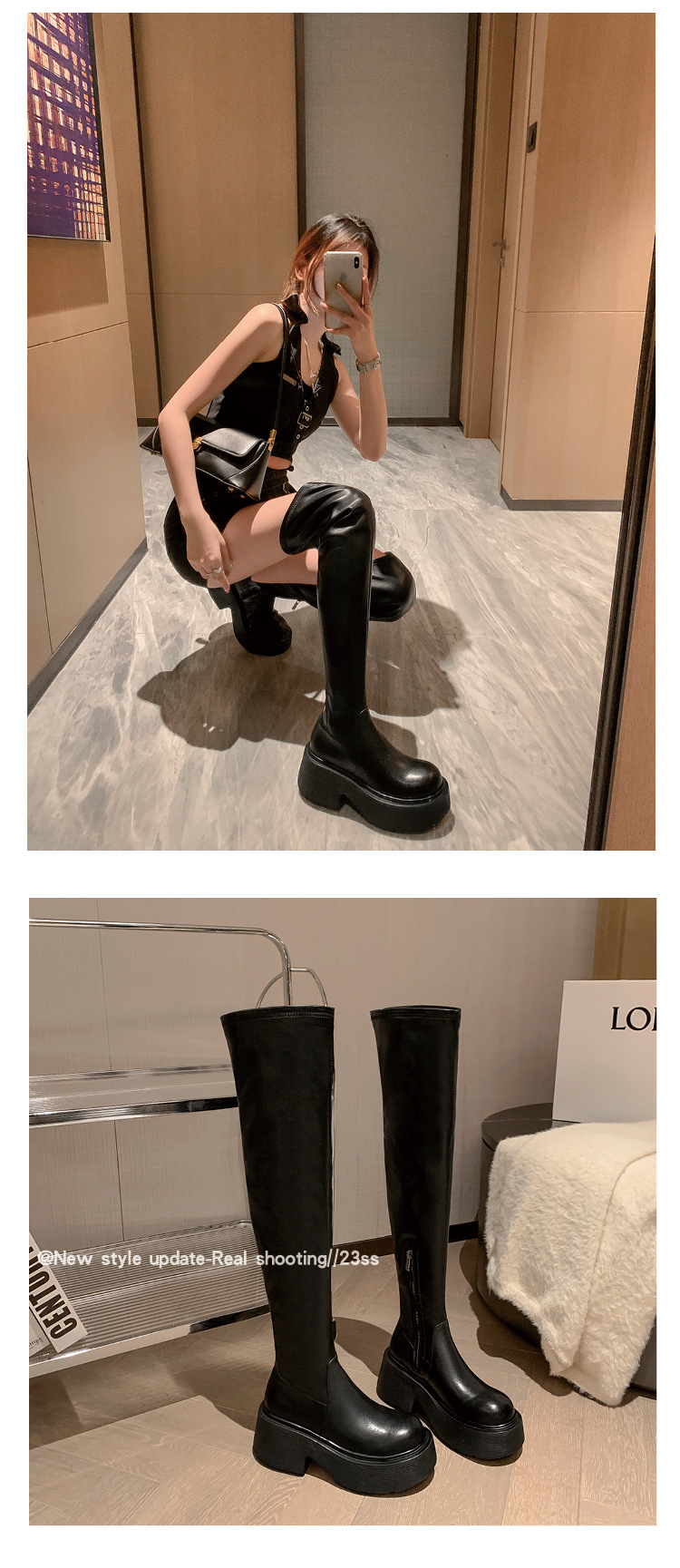 Boot nữ cổ cao ôm chân đế xuồng gót 9 cm — Lớp lót bằng da sáng chế màu đen chi tiết 5
