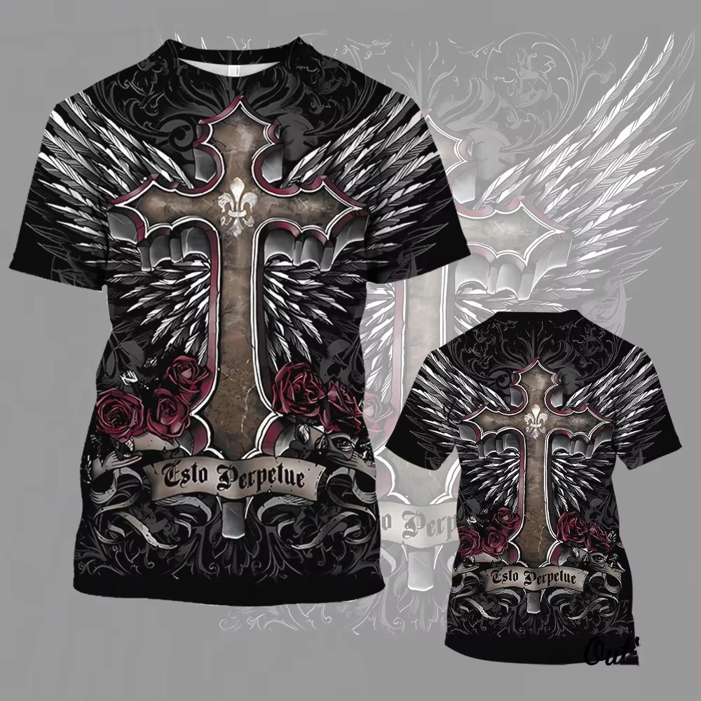 Salvator Cross Warrior 3D Print Spot Camiseta transpirable de hombro de manga corta con cuello redondo suelto casual para hombre