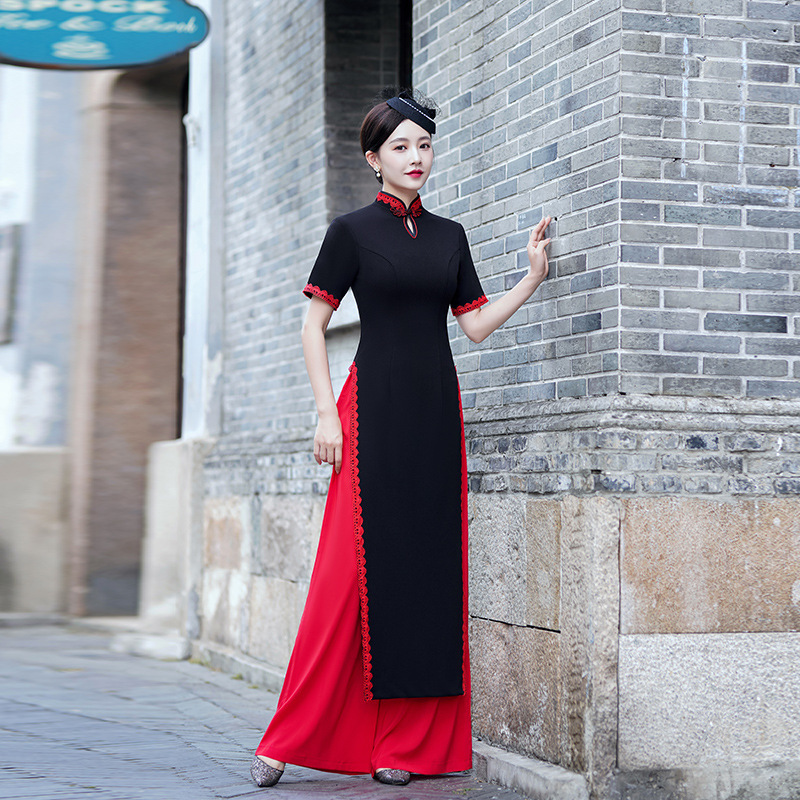 Women Aodai Chinese dress Oriental Retro Qipao Cheongsam model show miss etiquette dress two-piece Vietnam modified dress Chinese wind restoring ancient stage costumes