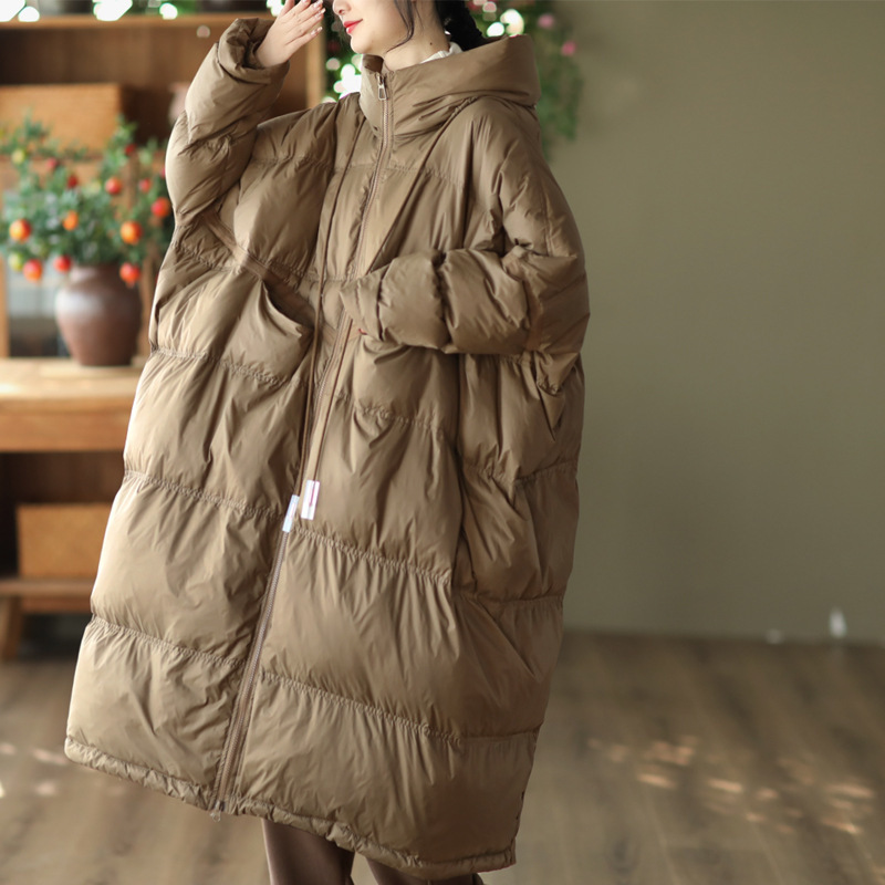 2023 Winter thick Korean style fashionable mid-length white duck down warm jacket large loose hooded down jacket for women