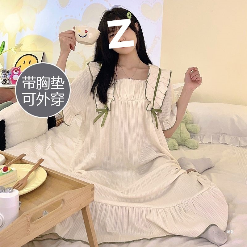 胸パッド付きネグリジェ、半袖ゆったり学生パジャマ、女性夏年齢軽減プリンセス風春秋寮ミドル丈、屋外で着用可能|undefined