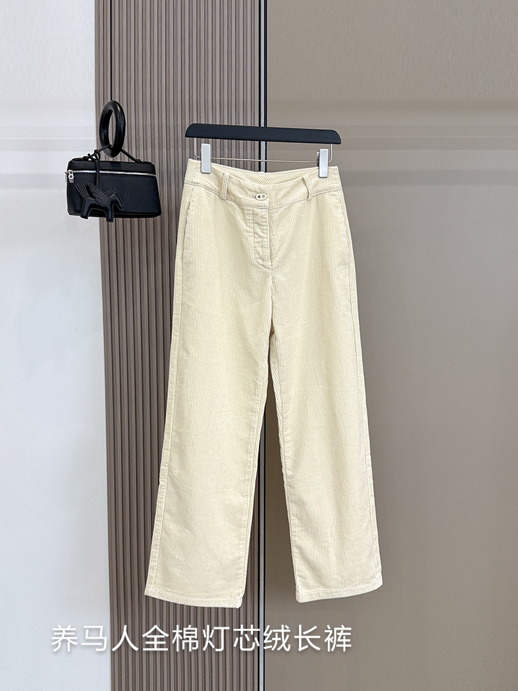 For horse lovers~100% cotton corduroy long pants for women, 26 autumn collection, old-money style casual pants, slimming and versatile wide-leg white pants