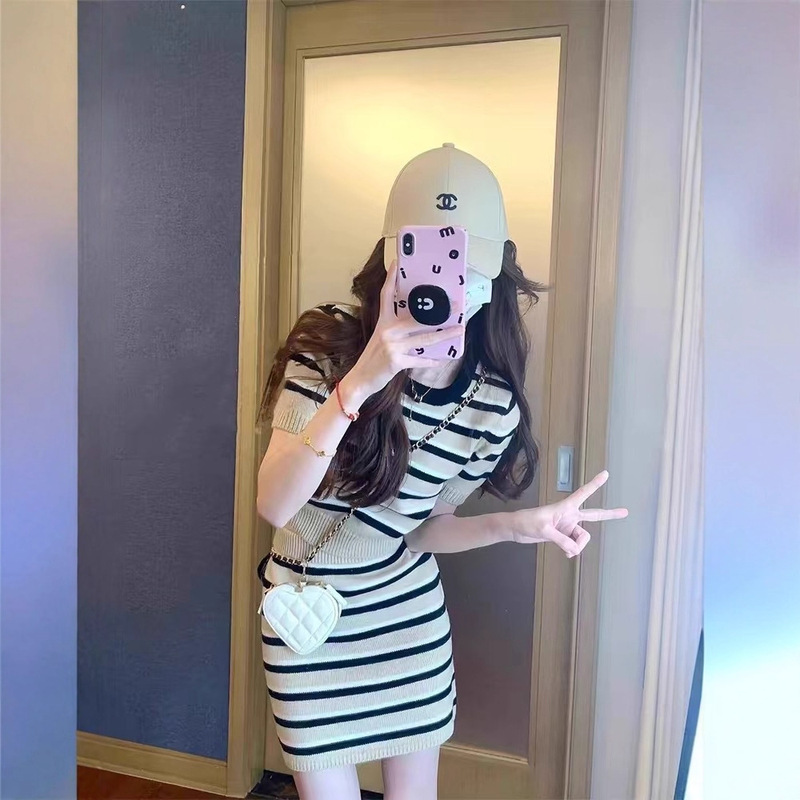 法式条纹针织开衫套装女2025秋季新款小香风开衫短群上衣三件套|undefined