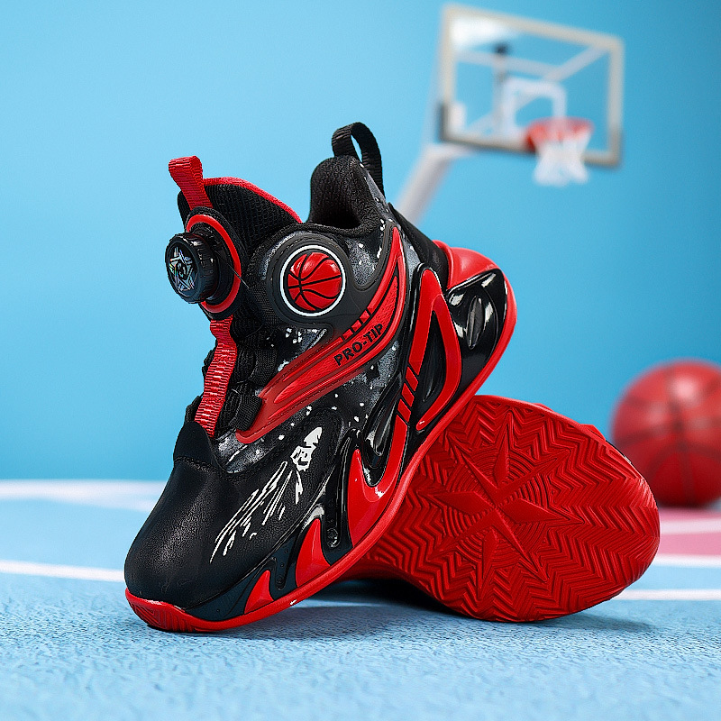 2025 explosión de zapatos de baloncesto para niños botón giratorio zapatos de baloncesto de cuero con suela gruesa zapatos antideslizantes al aire libre