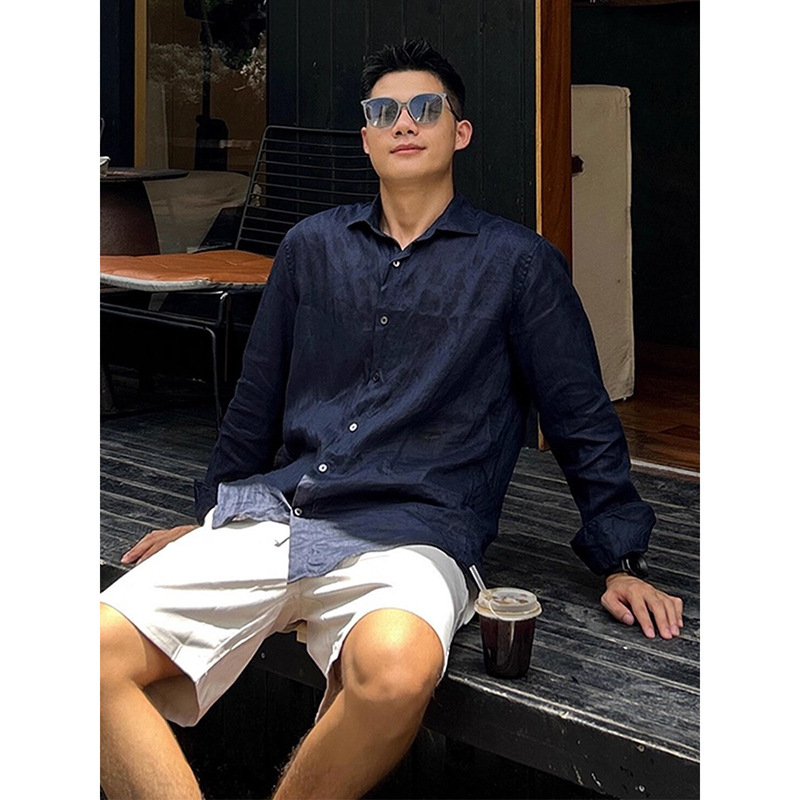 Navy Blue Tencel Linen Shirt for Men, Summer Thin Sun-Protective Long-Sleeve Shirt, British Style Casual Men's Cotton-Linen Jacket