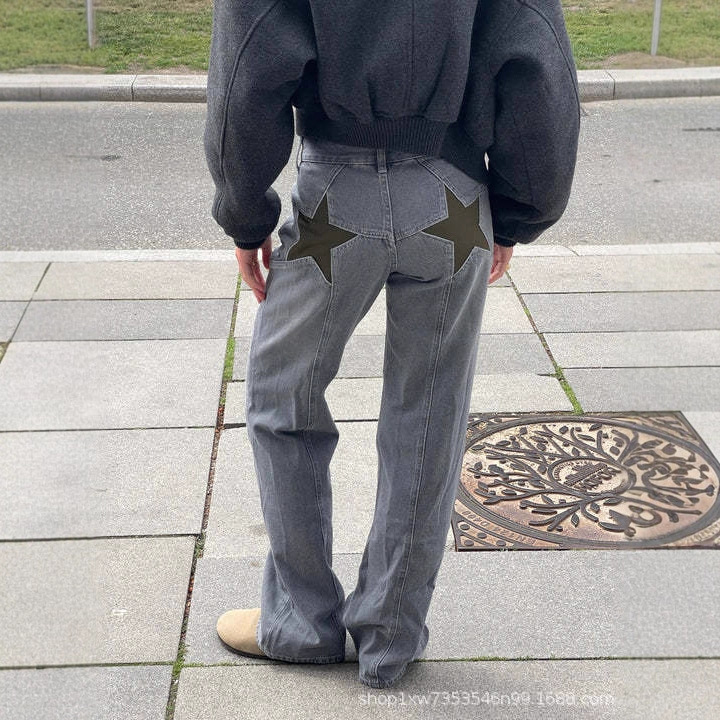 Cross-Border European and American Five-Pointed Star Deconstructed Jeans for Women Y2K High Street Versatile Straight Pants Contrasting Color Splicing Floor-Length Pants