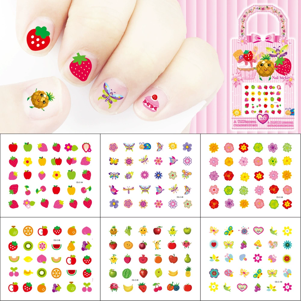 Трансграничные наклейки для ногтей Дети мультфильм фрукты бабочки цветы птицы ногти наклейки набор из 6 водонепроницаемых наклеек для ногтей