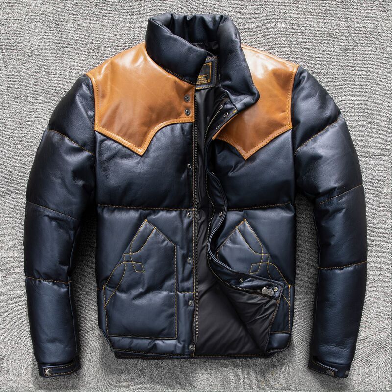 First-Layer Cowhide Leather down Jacket, Simple Men's Windproof and Warm Thickened Genuine Leather Short Coat, Large Size