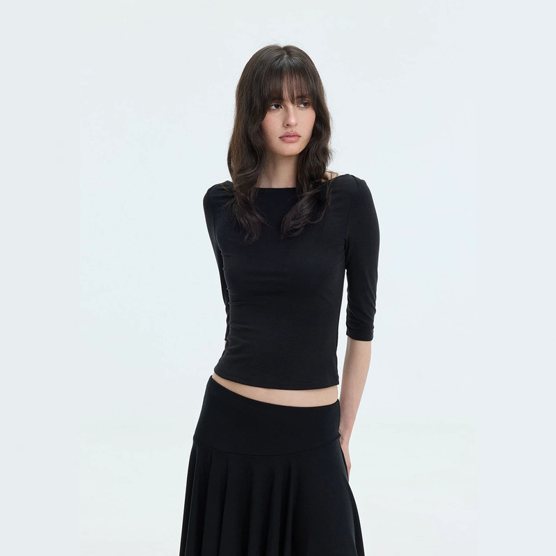 Veryrarem Lyocell Boat Neck Slim Fit Knit Short Sleeve Veryrarem Lyocell Boat Neck Slim Fit Knit Short Sleeve