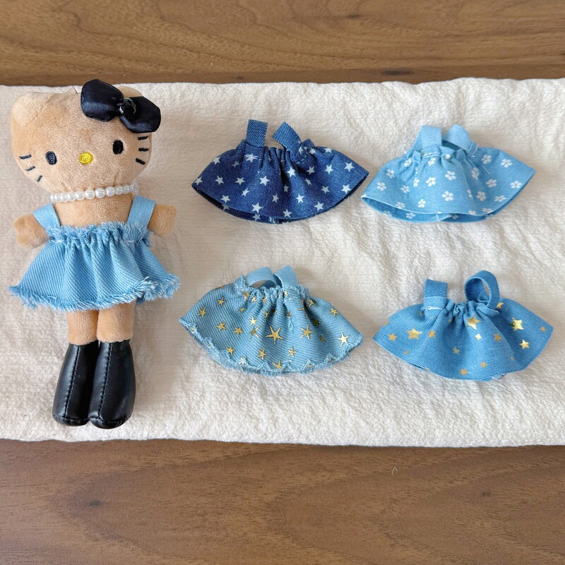 17cm Labubu Doll Clothes Labubu Doll with Long-Legged Kitty Cat Pendant Denim Skirt Baby Clothes Dress-Up