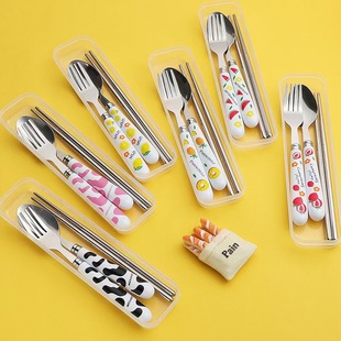 High-value stainless steel tableware set cartoon cute spoon chopsticks fork storage box student portable three-piece set
