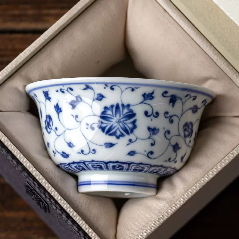 青花家用主人单杯茶杯品茗杯礼盒装功夫茶具杯子茶盏复古压手杯子