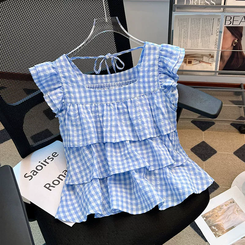 Женская рубашка с летучими рукавами в французскую синюю клетку, новинка лета 2025 года, с рюшами, красивая кукольная рубашка