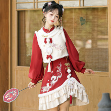 原创设计新款瑞兔迎龙中国风汉元素女马甲连衣裙套装6926