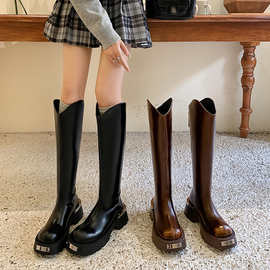 不过膝高筒靴女粗跟松糕底复古长靴女厚底真皮骑士靴金属扣及膝靴