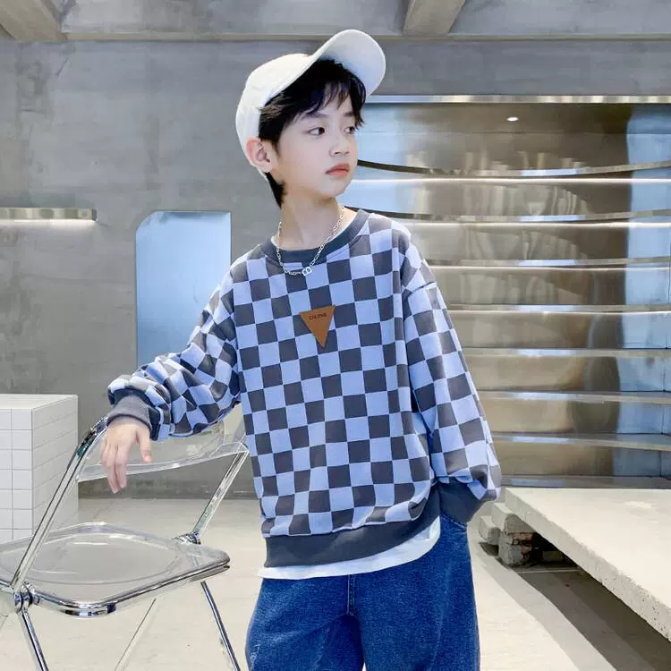 Children's Sweatshirt (SNC-J) Checkerboard Retro Thin Spring–Autumn, Boys 110–170 cm