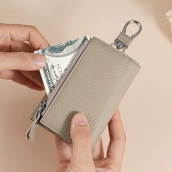 Genuine Leather Key Bag Protective Cow Leather Case Women's Wallet Folding Key Bag Zipper Coin Bulk Wallet Anti-Magnetic Card Holder