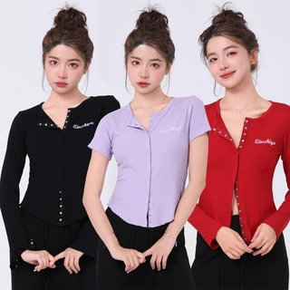 广场舞蹈服装新款时尚上衣女健身服按扣开衫修身曳步舞高弹运动上