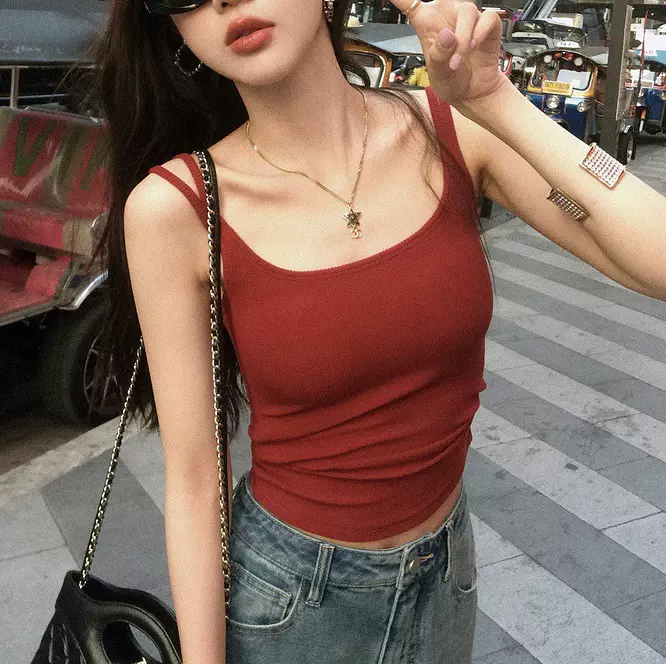 张贝贝新款双肩带吊带背心女带胸垫修身显瘦百搭纯色打底美背上衣