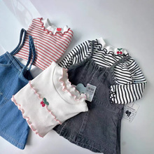 现货日本出口外贸尾货百搭打底衫秋季新品儿童吊带牛仔裙女童童装