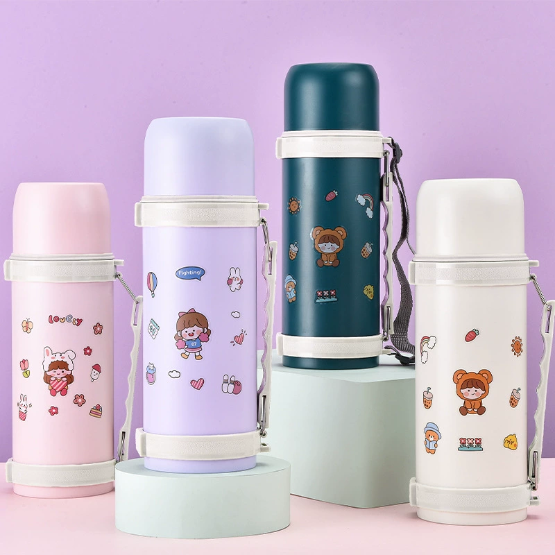 Новый мультяшный дорожный горшок на открытом воздухе портативный ремешок чайник Вакуумный термос из нержавеющей стали большой емкости оптовая печать