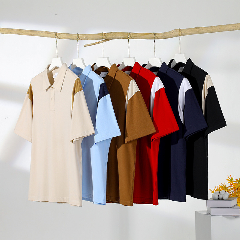 Summer 250g Heavyweight Pure Cotton Double Yarn Color-Block Polo Shirt for Men, American Retro Casual Sports Style Short Sleeve Wholesale