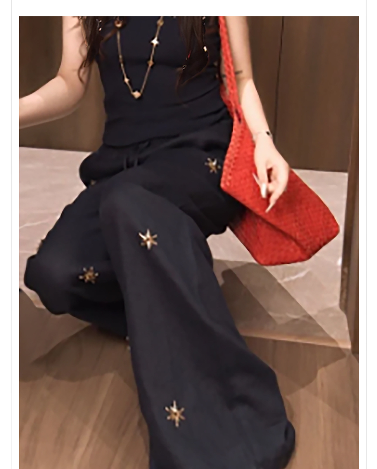 Quần ống rộng nữ vải lanh cao cấp đính cườm, lưng cao, phong cách retro — Màu xanh chàm chi tiết 2