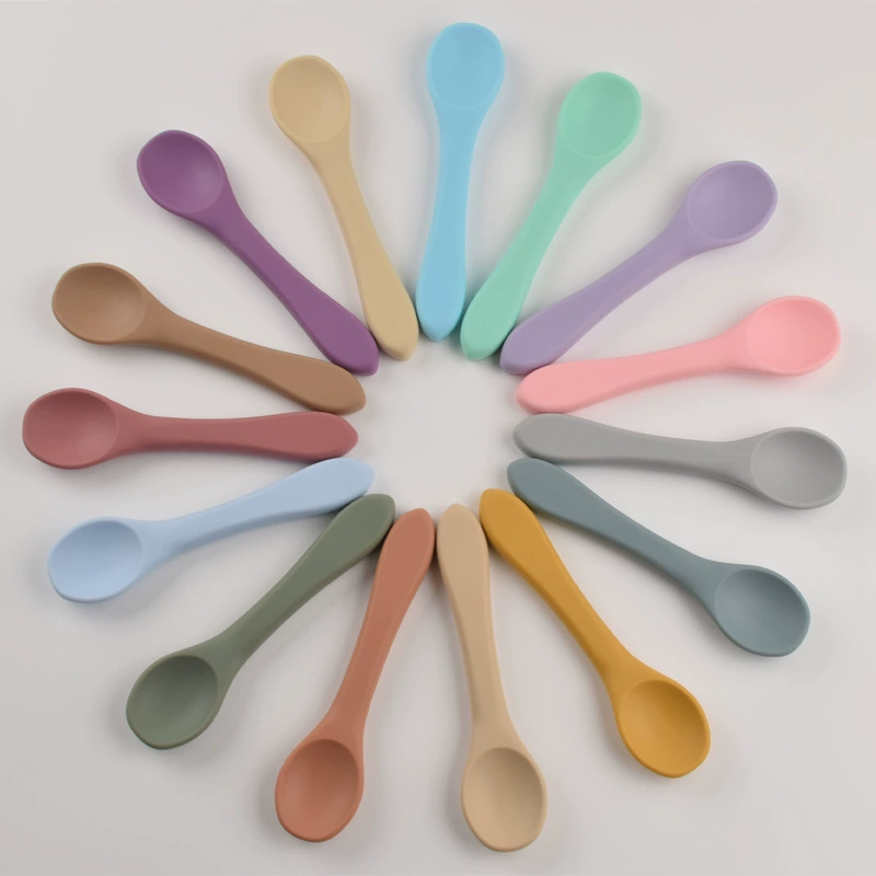 Пищевой чистый силикон вилка ложка костюм ребенка кормление деревянной ручкой ложка вилки ребенка обучение дополнительной пищи вилка ложка