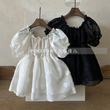 浩天服饰新款童装连衣裙韩版女童网纱卷边领收腰裙子泡泡袖公主裙