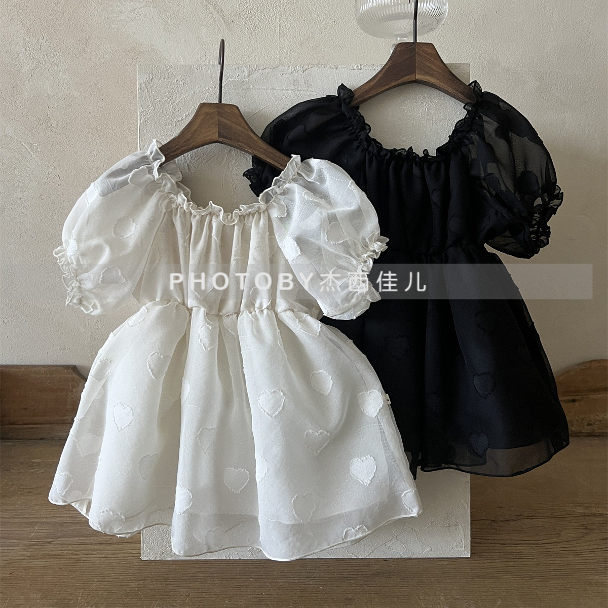 浩天服饰新款童装连衣裙韩版女童网纱卷边领收腰裙子泡泡袖公主裙