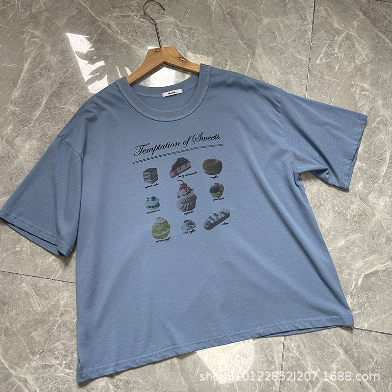 2025 夏の新日本ニココットントップス甘いデザートプリントレタールーズ半袖 Tシャツ女性のための|undefined