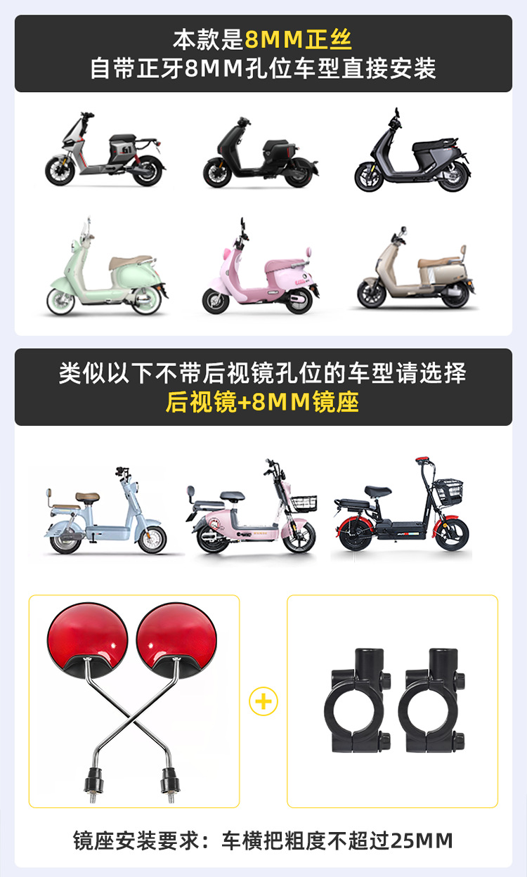 Suitable for Little Turtle King Electric Scooter Rearview Mirror, Electric Bike Reflector, Modified Reversing Mirror, Scooter, Tricycle Mirror