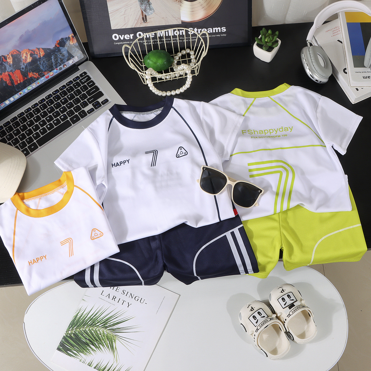 Traje para niños, ropa deportiva delgada de verano, niños grandes, pantalones de manga corta guapos de verano, jersey de dos piezas de secado rápido