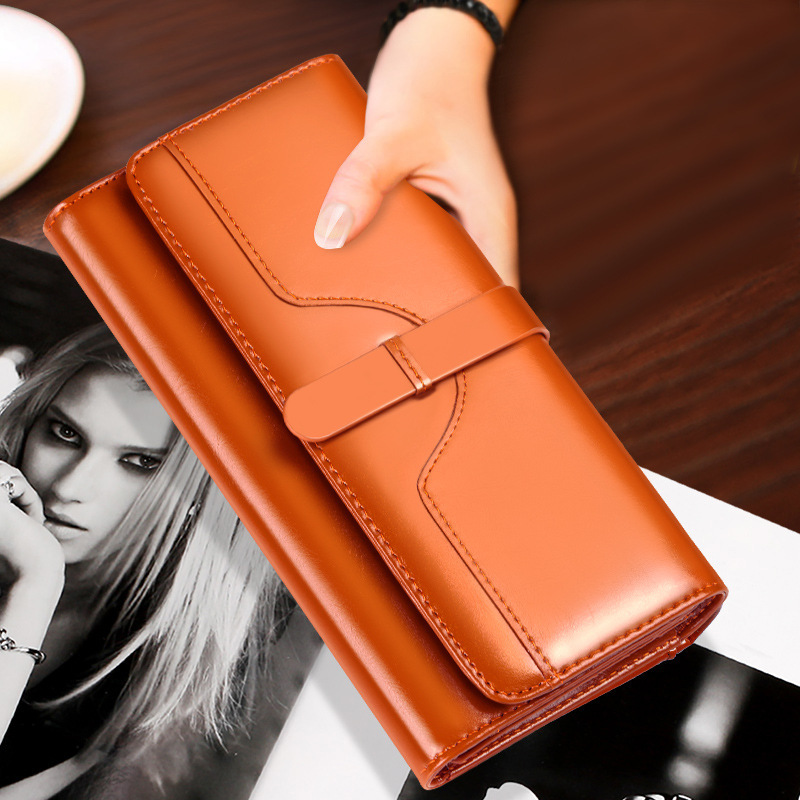 Pure Leather Three-Fold Women's Wallet Long Buckle Leather Cowhide Multi-Card Holder Large Capacity Korean Style Women's Wallet Wallet