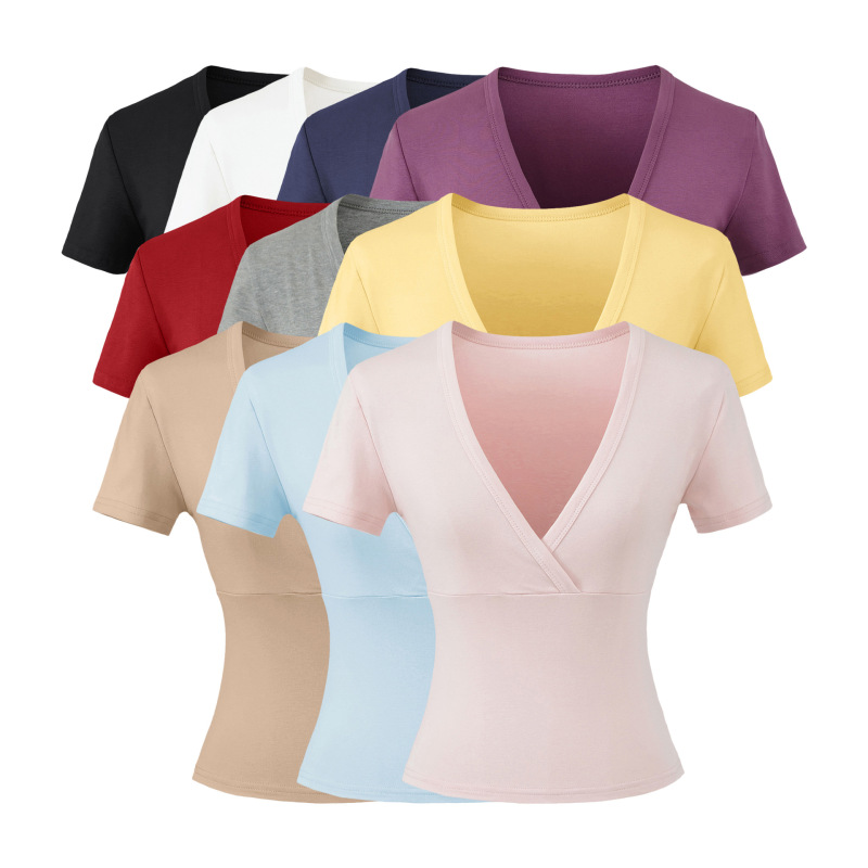 Trendy European and American Style Slim-Fit Deep V-Neck Split Short-Sleeve T-Shirt for Women, Versatile and Stretchy, Slimming Top in Multiple Colors Wholesale